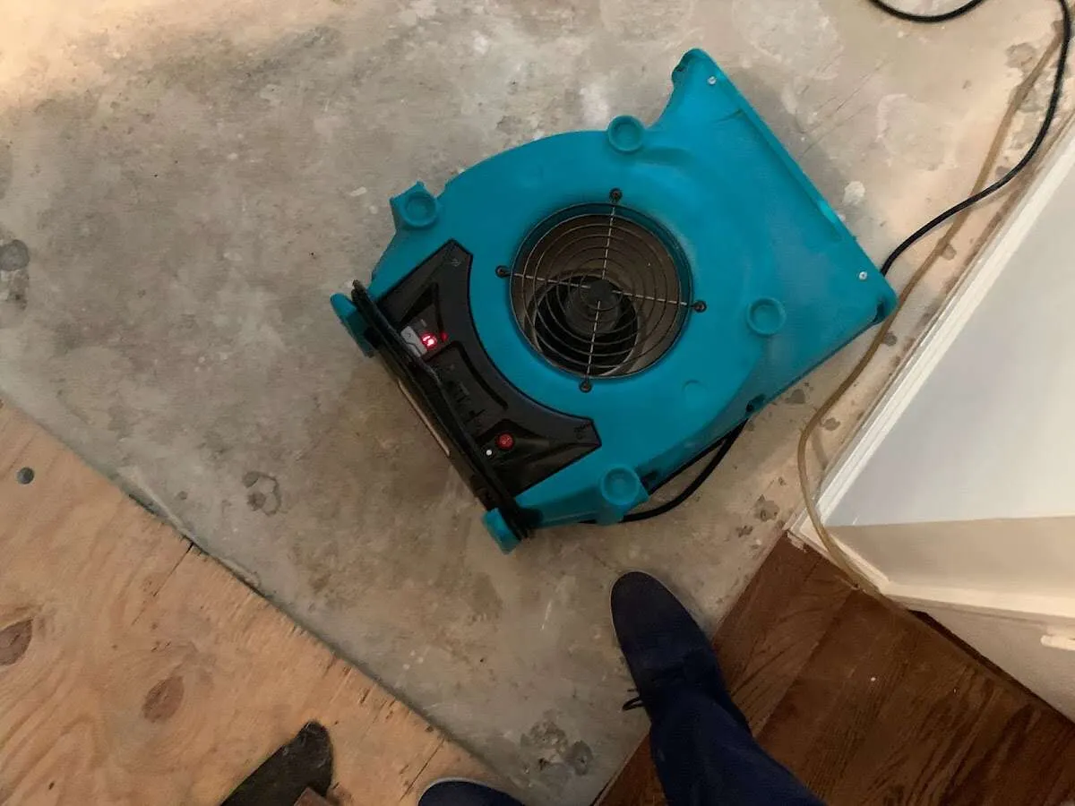 Air mover drying subfloor during Leak Detection & Repair in Pharr